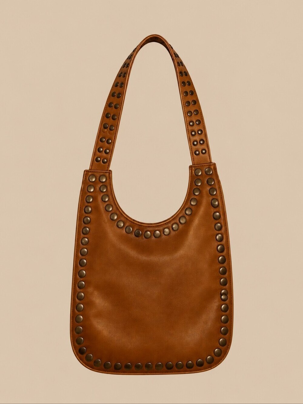 Vtg FAR NINE 1970s Tan Faux Leather Bronze Studded Thin Bag